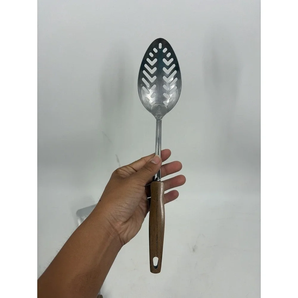Vintage 80s Ekco Stainless Steel USA Slotted SpoonSpatula Plastic Wood Handle